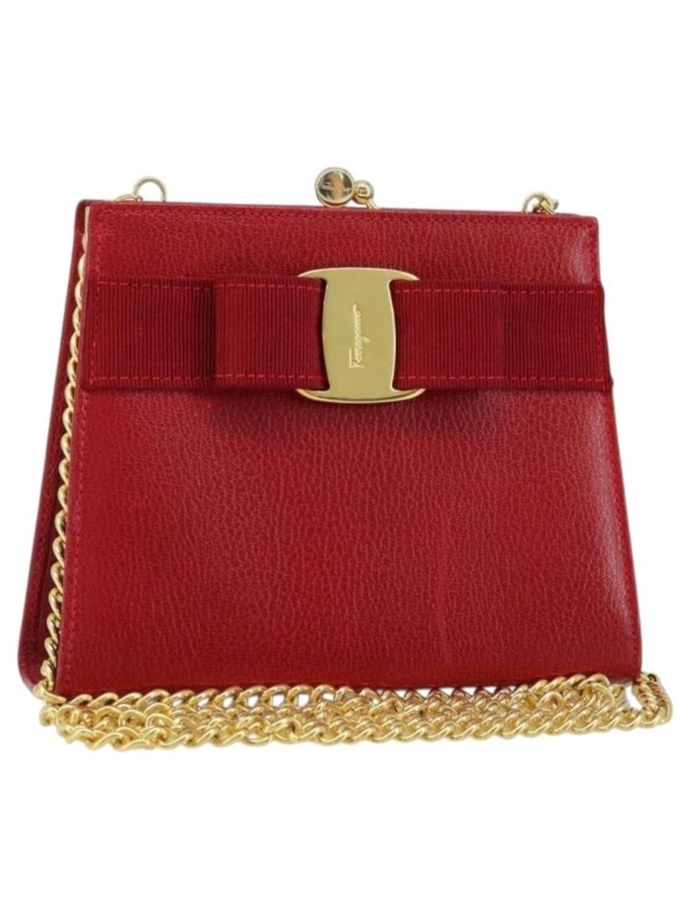Authentic Salvatore Ferragamo Vala Chain Shoulder Bag Leather Red Gold